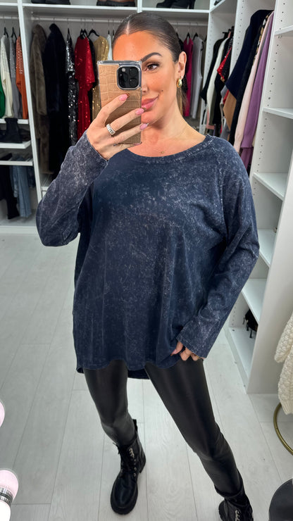 Talia Acid Wash Marble Effect Long Sleeve Loose Fit Basic Top