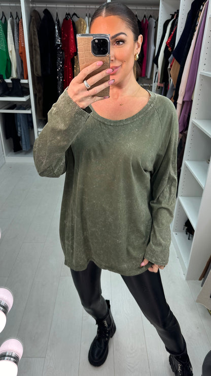 Talia Acid Wash Marble Effect Long Sleeve Loose Fit Basic Top