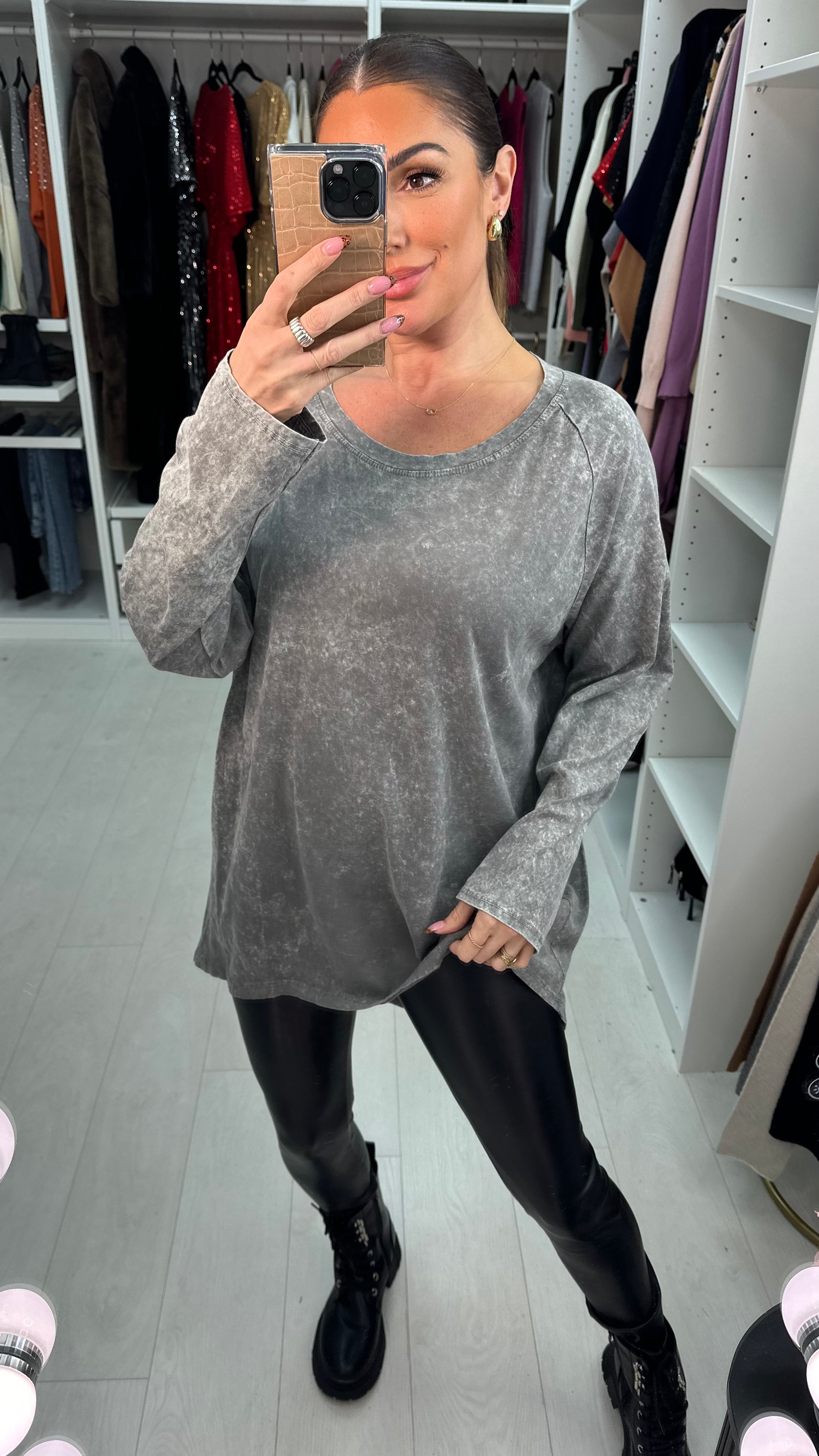 Talia Acid Wash Marble Effect Long Sleeve Loose Fit Basic Top