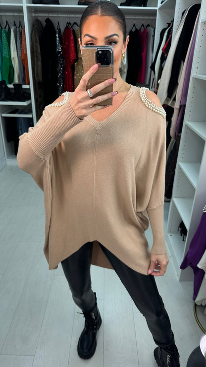 Daliah Pearl Cold Shoulder V-Neck Jumper