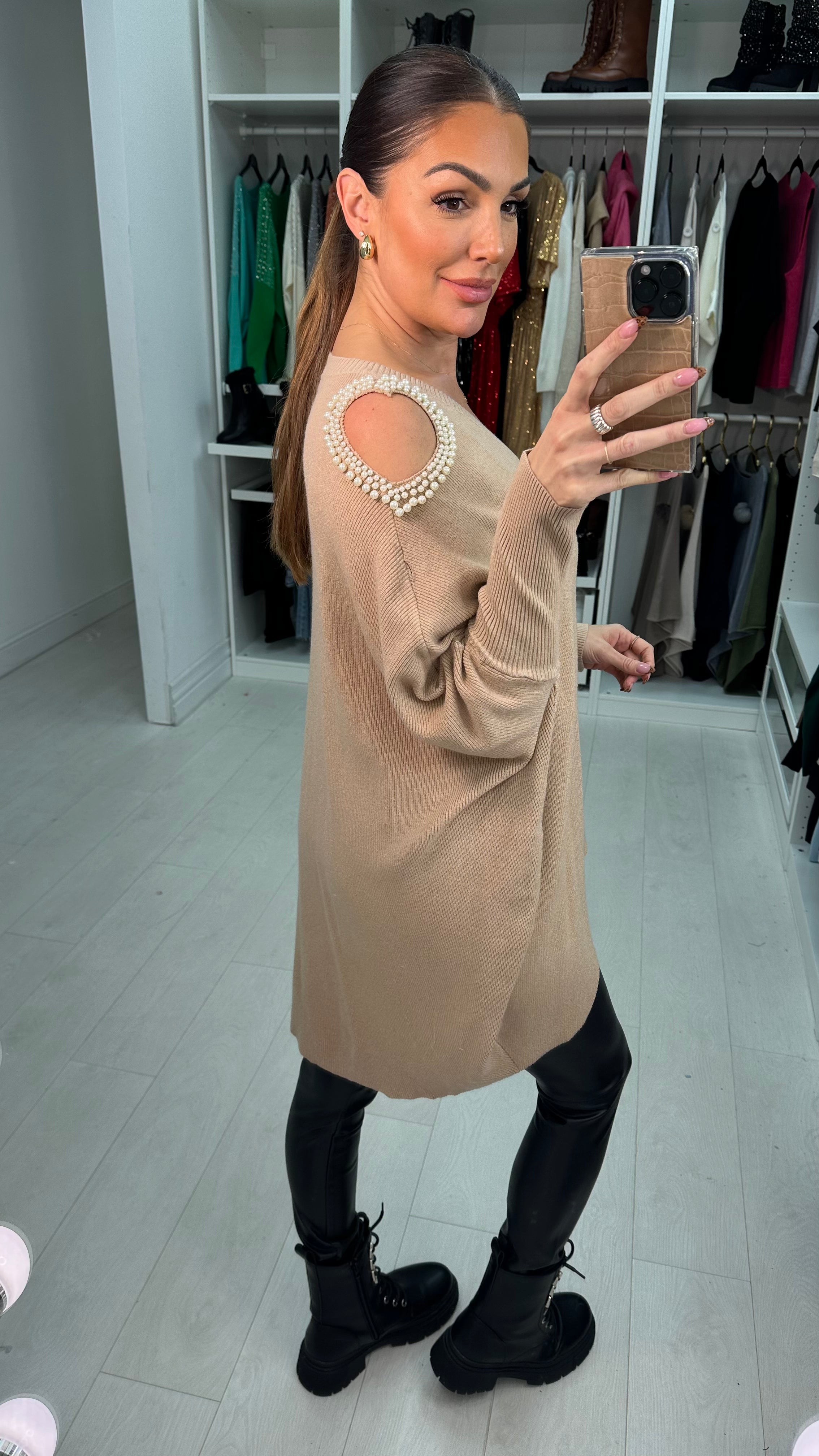 Daliah Pearl Cold Shoulder V-Neck Jumper