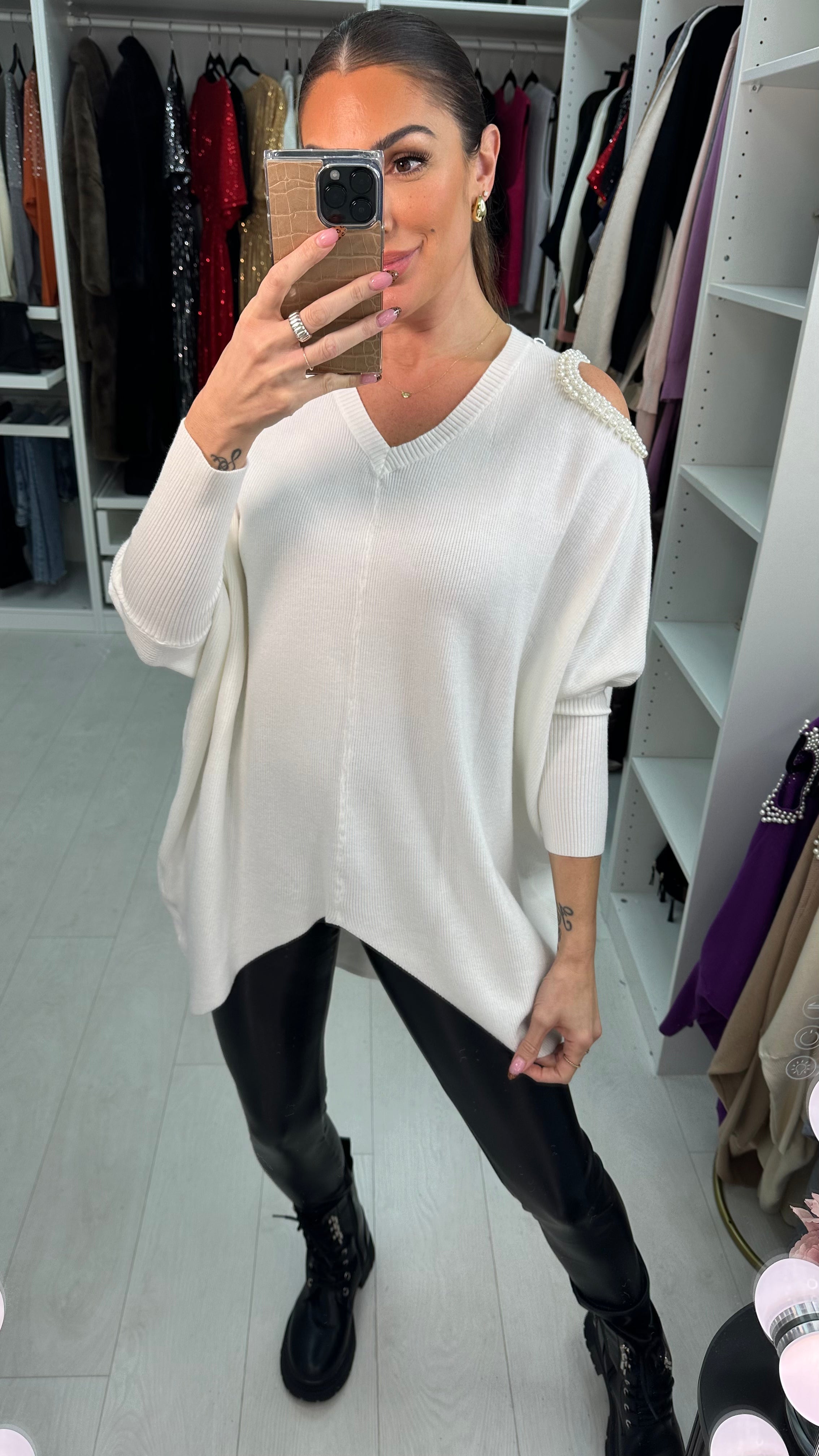Daliah Pearl Cold Shoulder V-Neck Jumper