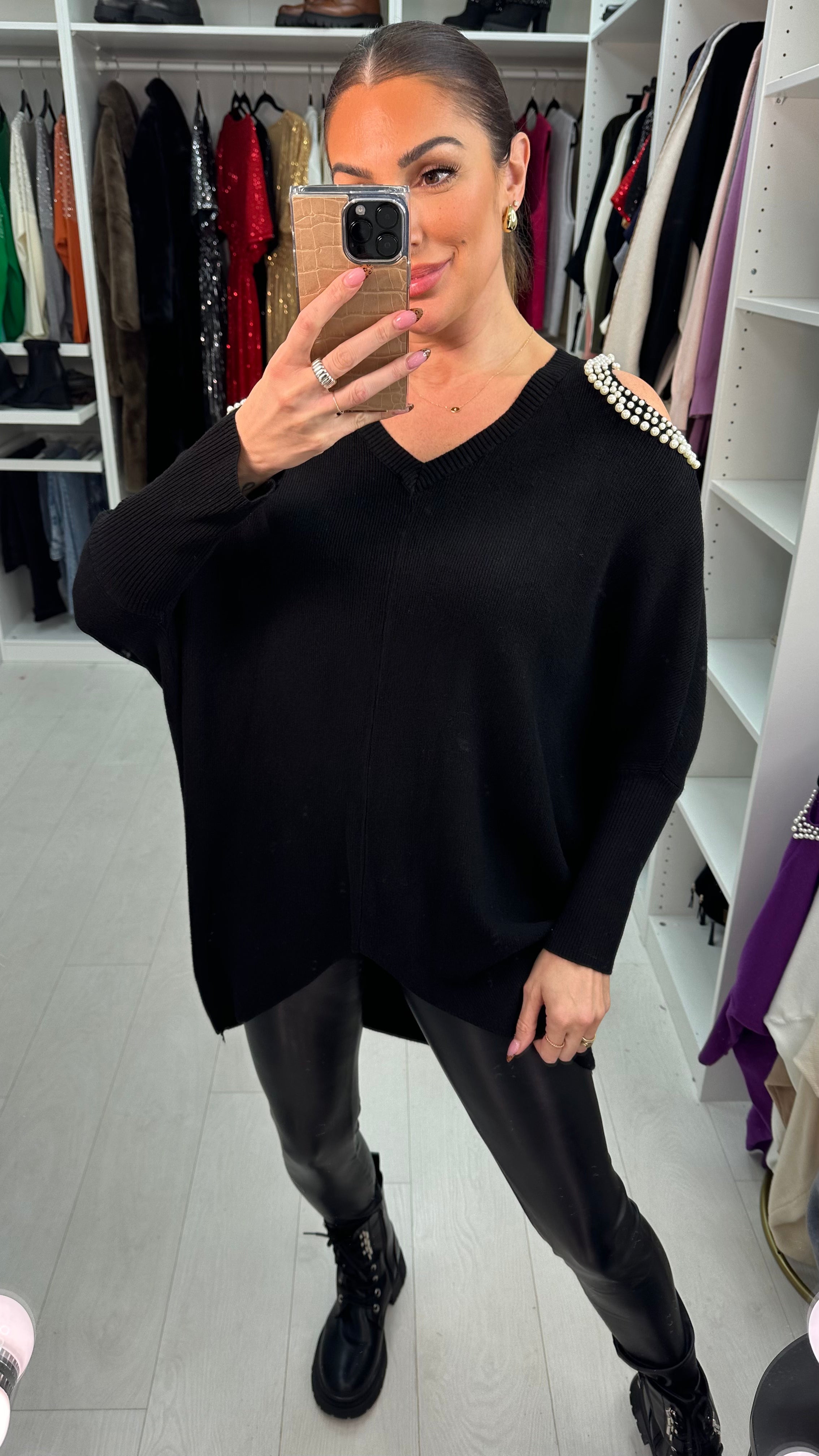 Daliah Pearl Cold Shoulder V-Neck Jumper