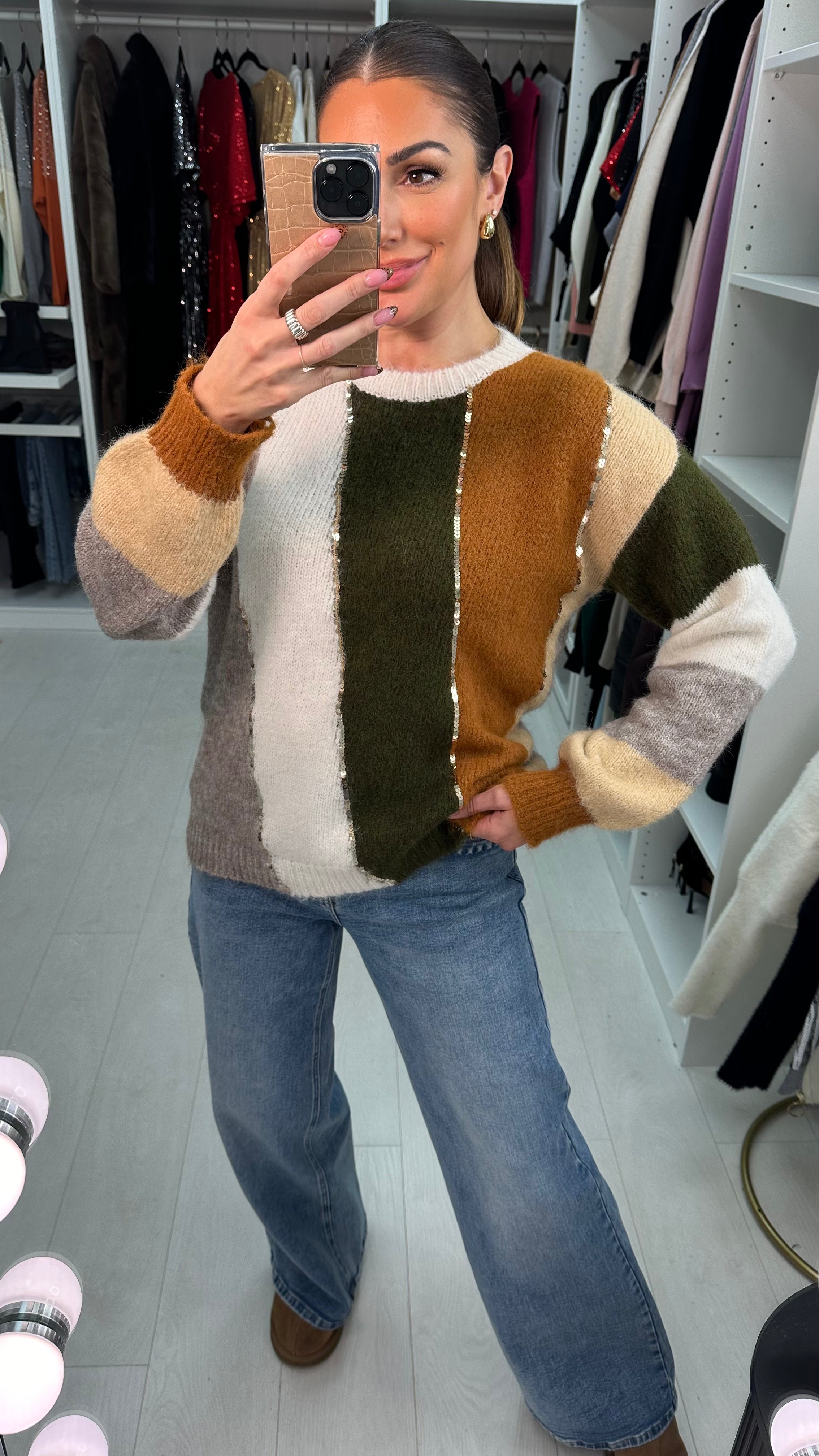 Leonie Sequin Detail Colour Block Knit Jumper