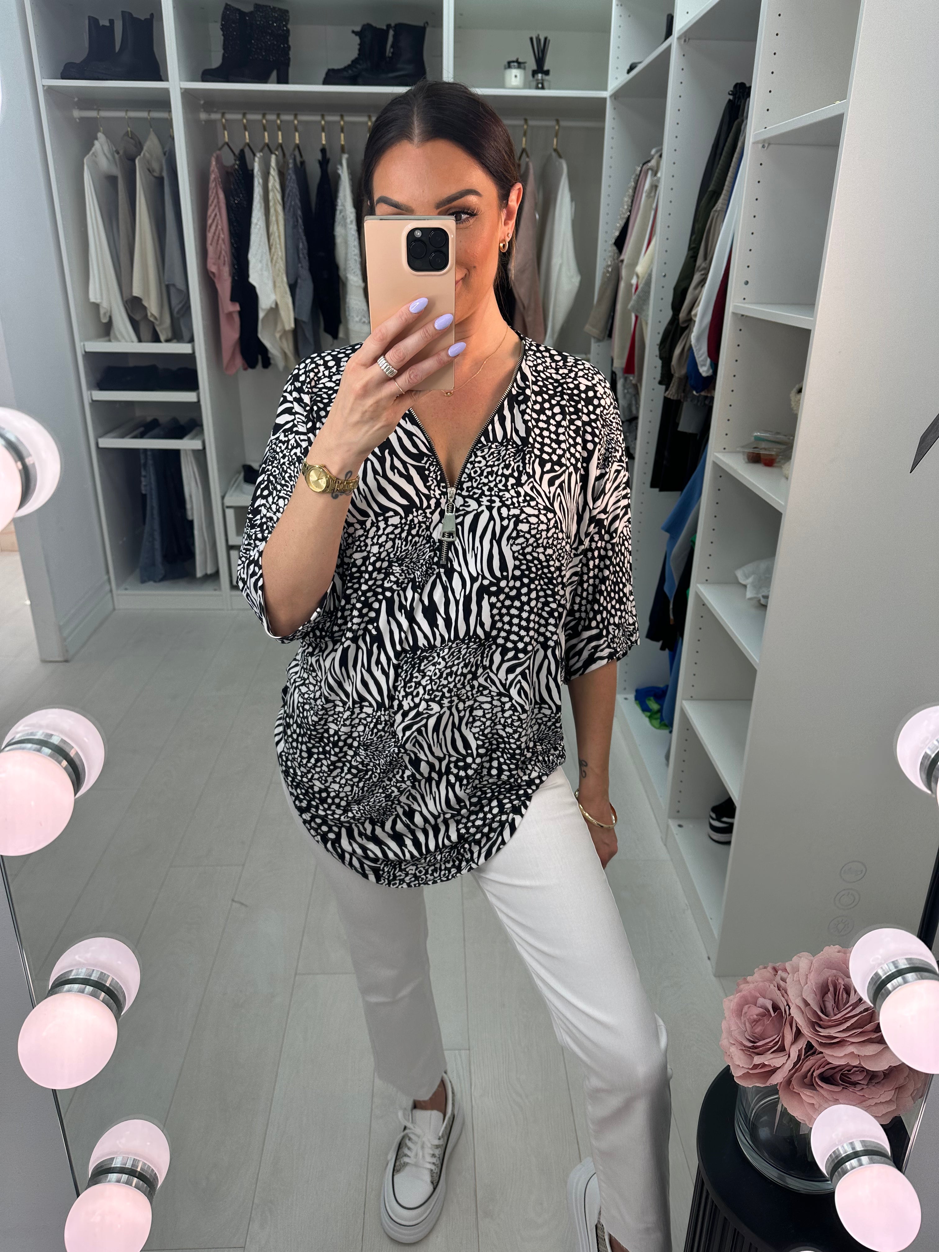 Amalee Animal Print Batwing Zip Detailed Loose Fit Top