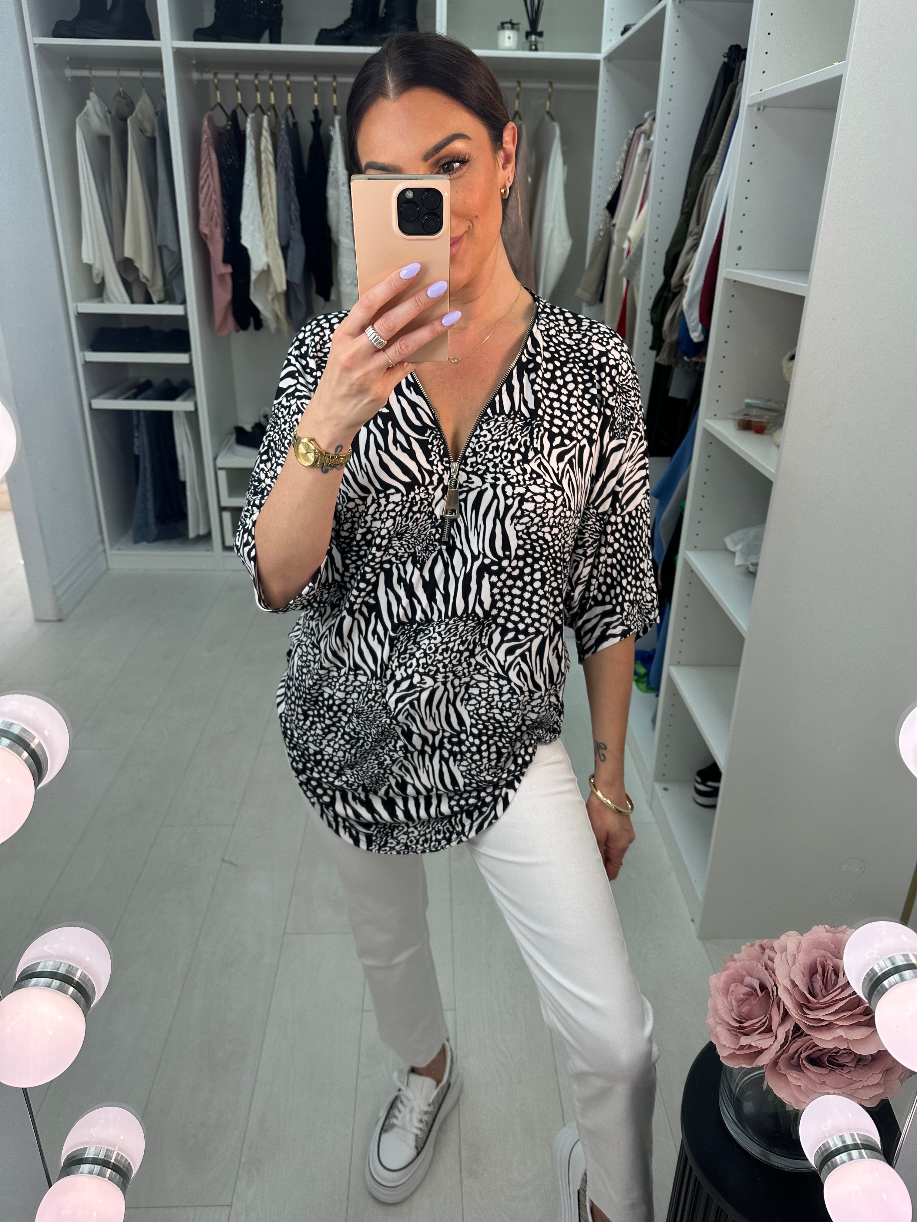 Amalee Animal Print Batwing Zip Detailed Loose Fit Top