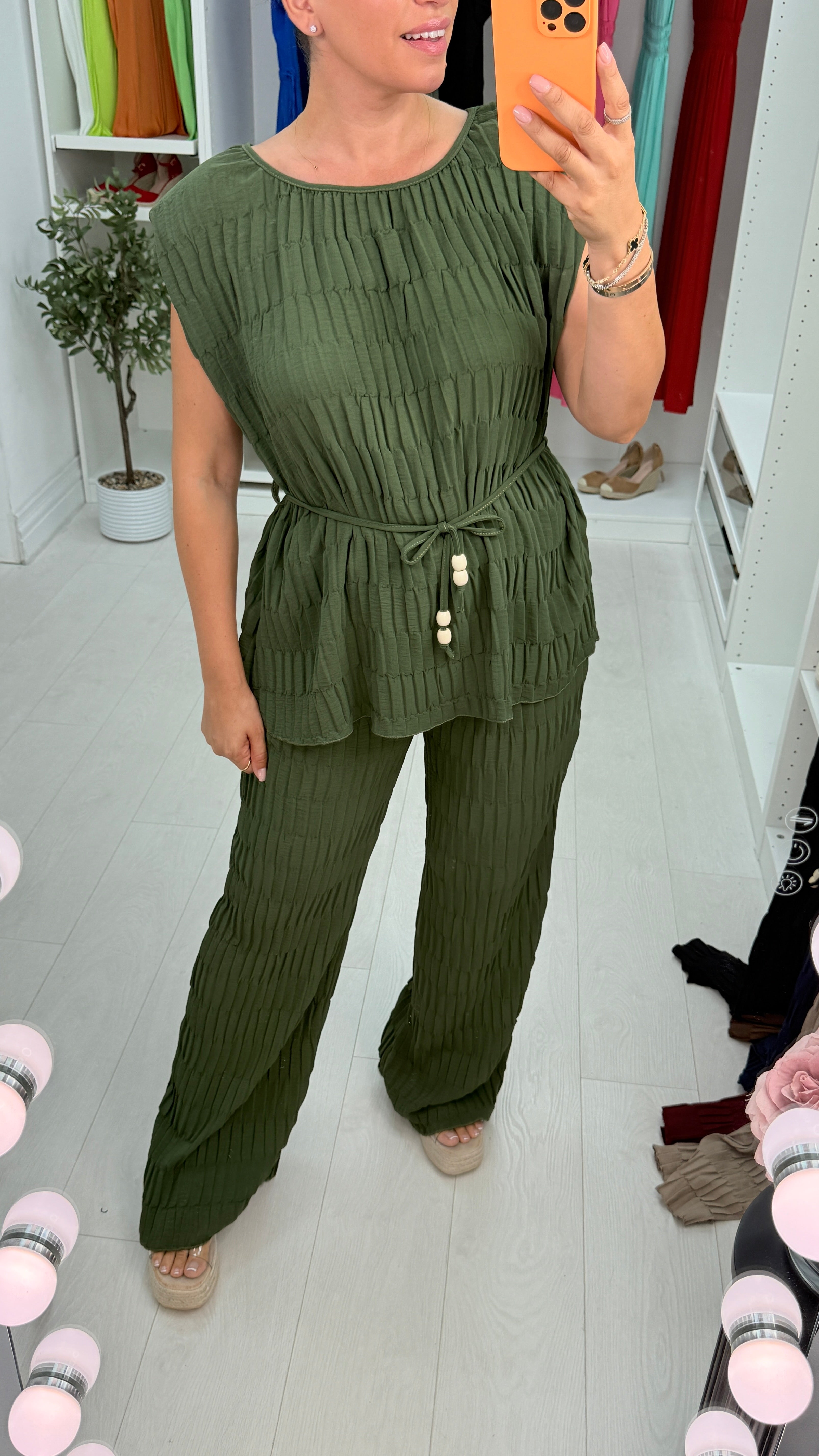 Fleurelle Plain Textured Tie Waist Co-Ord Set