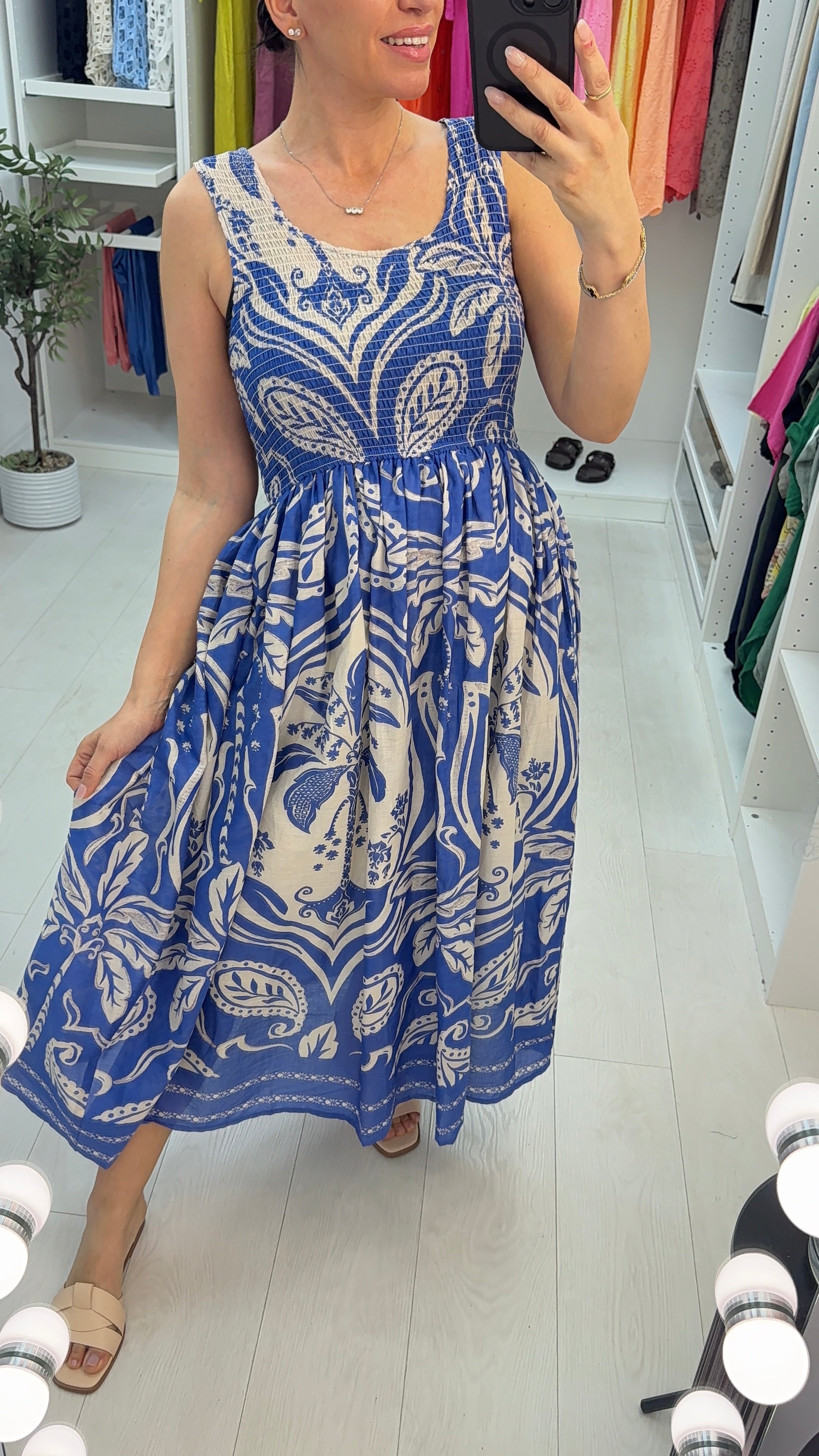 Quinn Abstract Print Shirred Bust Poplin Dress