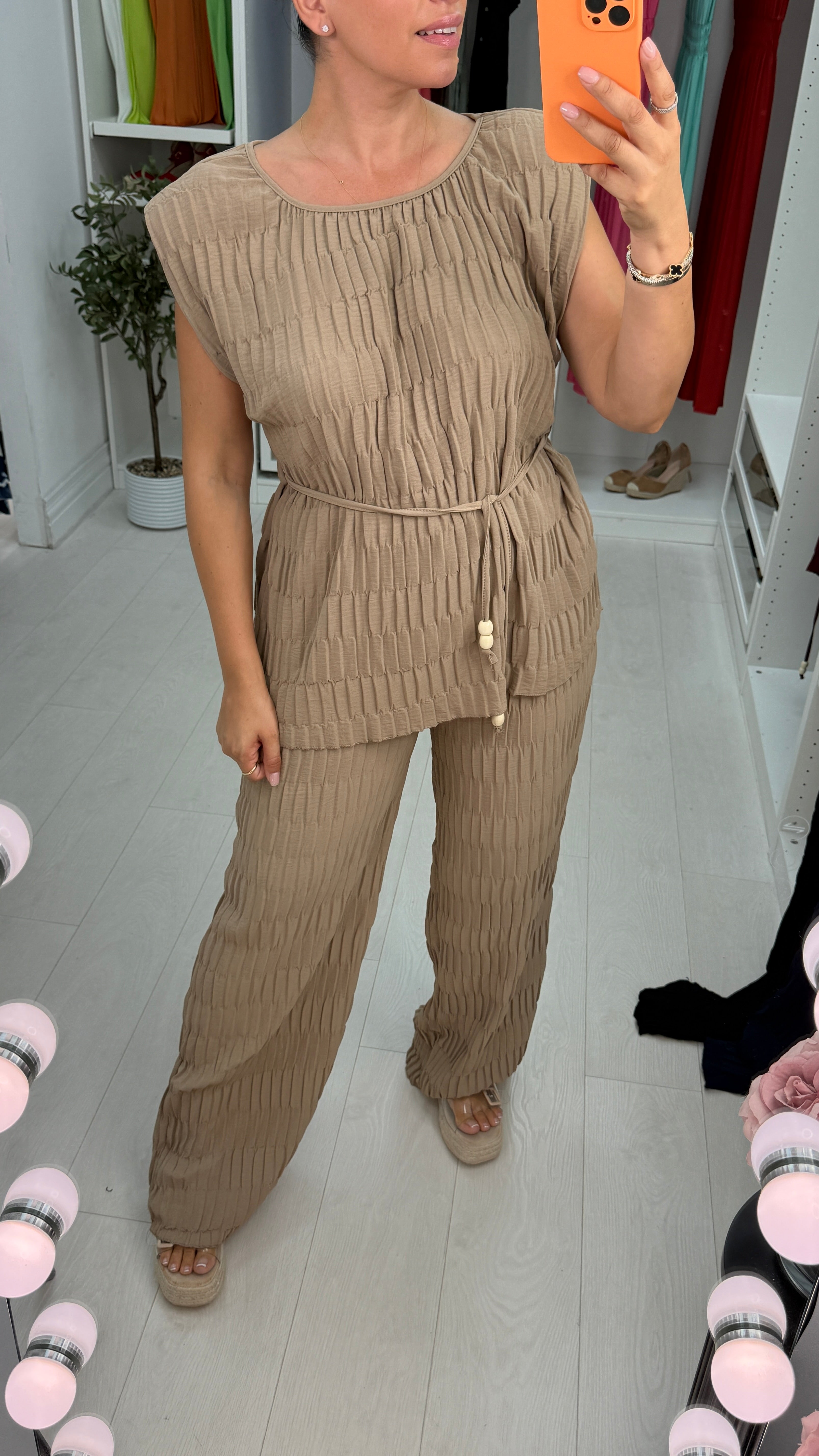 Fleurelle Plain Textured Tie Waist Co-Ord Set