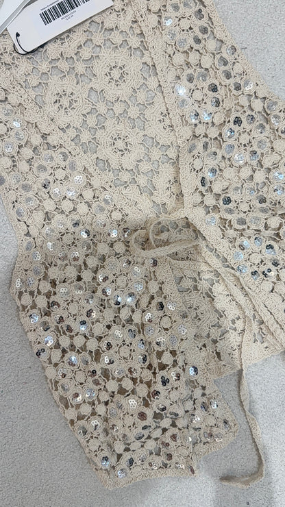 Nilana Embellished Tie Front Crochet Vest