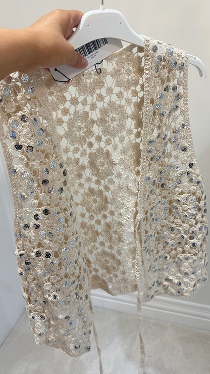 Nilana Embellished Tie Front Crochet Vest