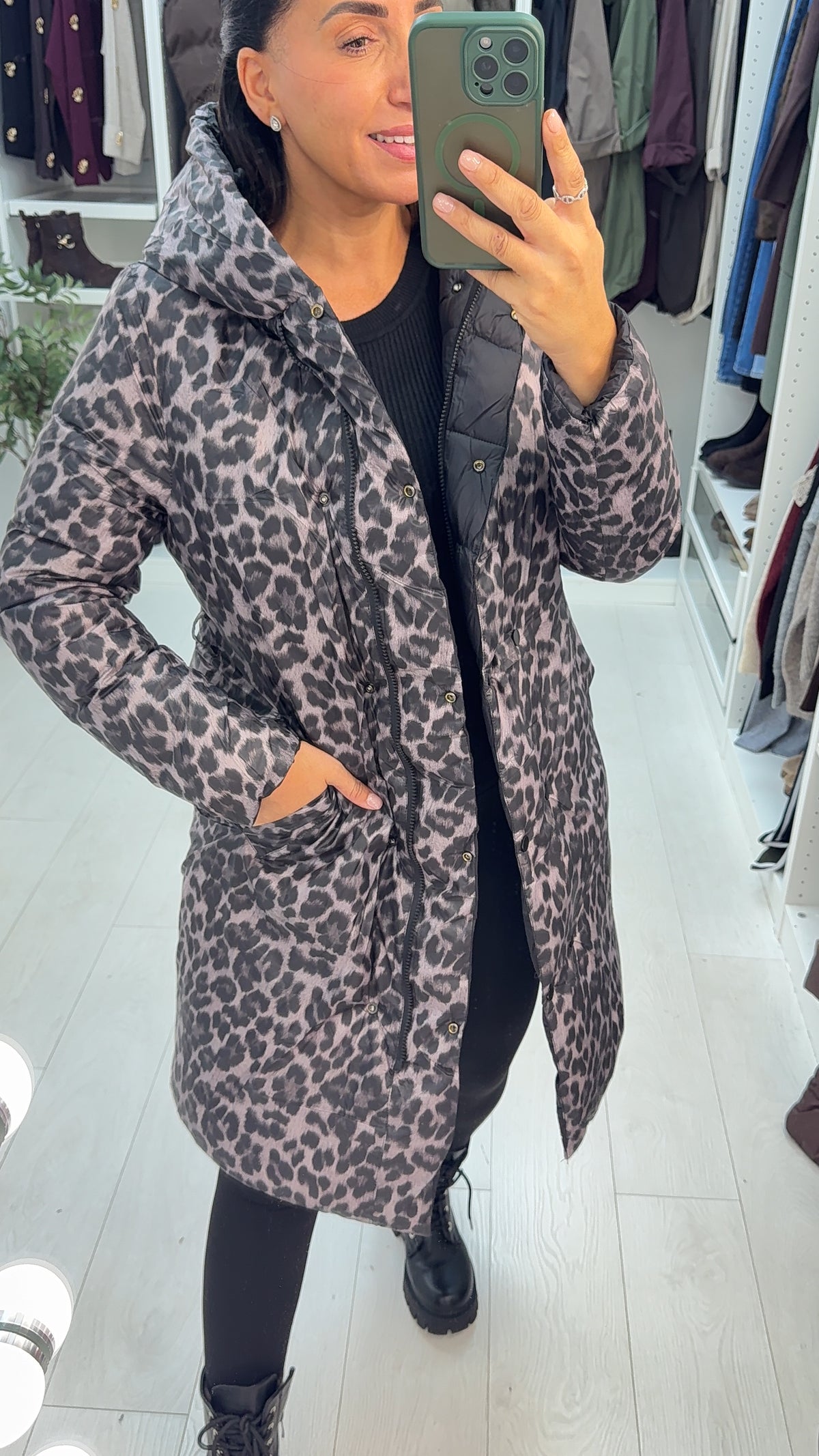 Corinne Reversible Longline Leopard Puffer Coat