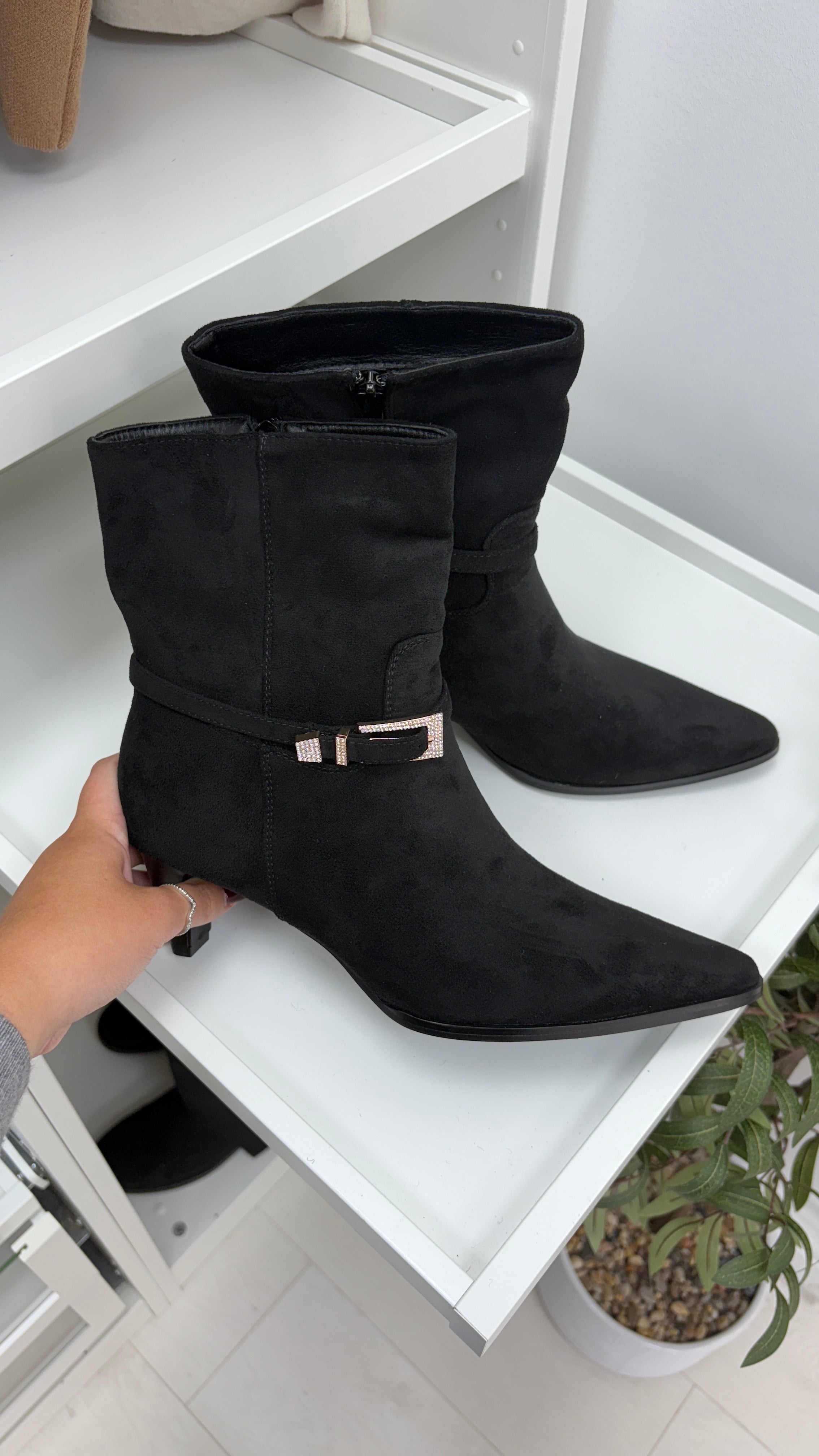 Vickie Faux Suede Buckle Detail Pointed Boots