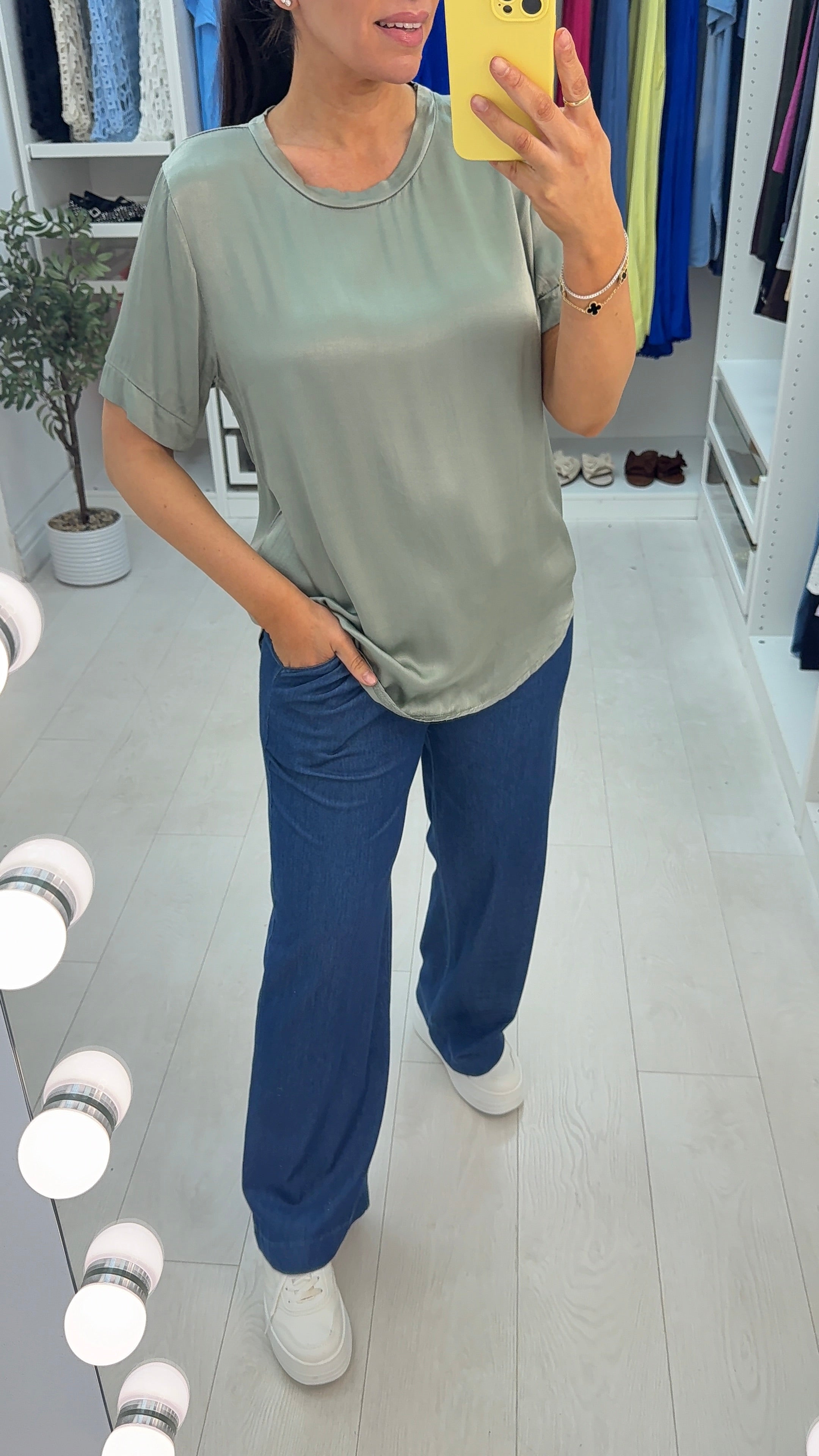 Letita Plain Satin Dipped Hem Short Sleeve Top