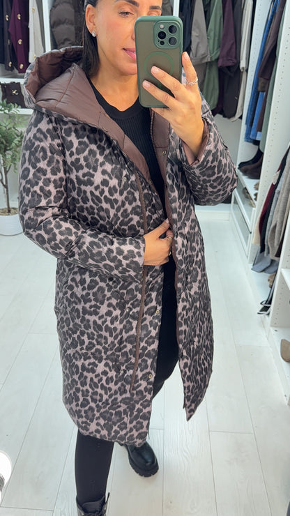 Corinne Reversible Longline Leopard Puffer Coat