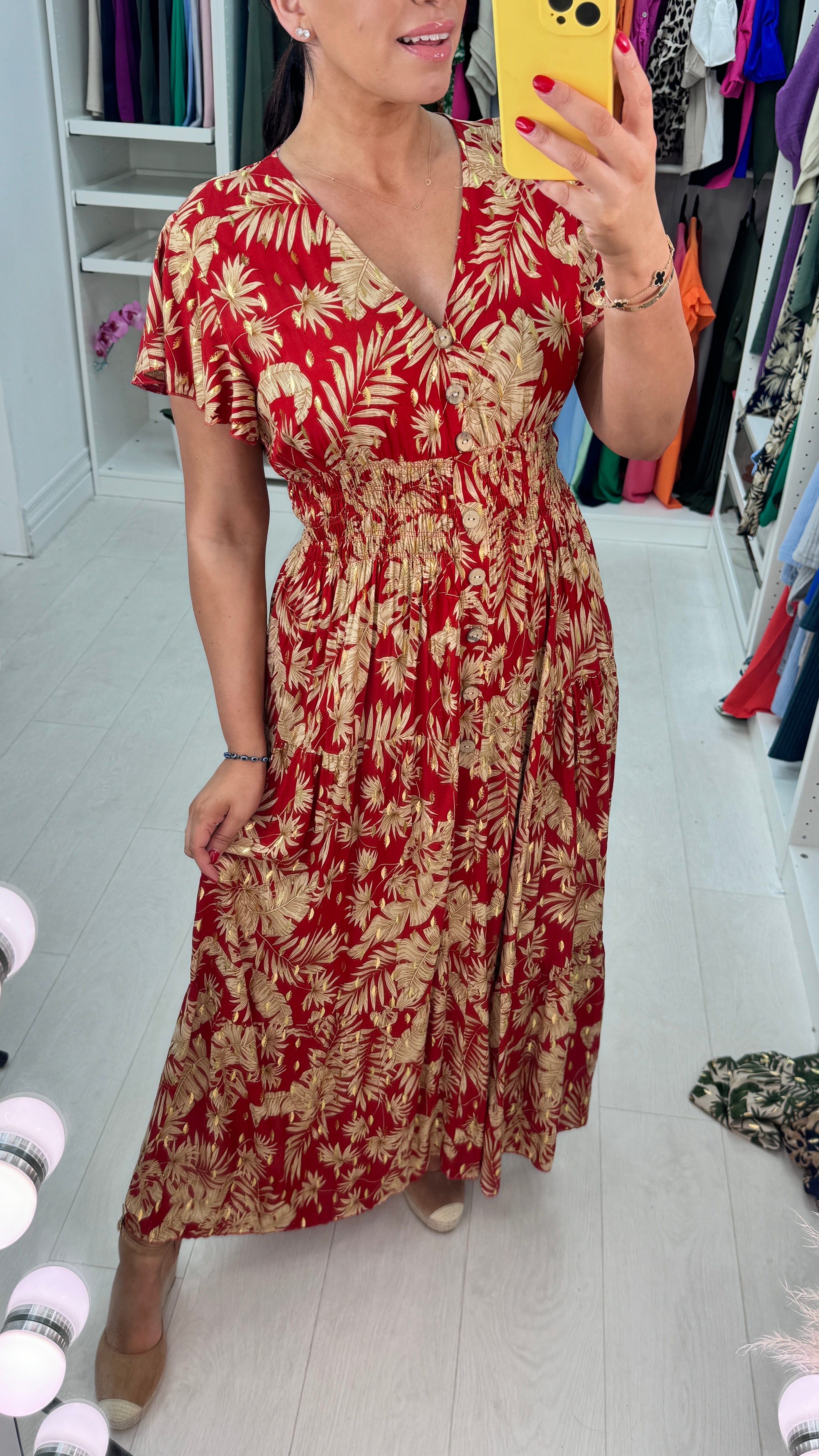 Calypso Frilly Sleeve Leaf Print Dress