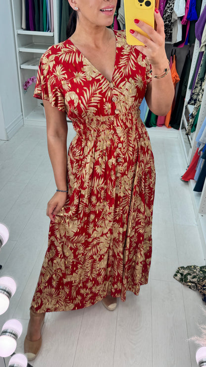 Calypso Frilly Sleeve Leaf Print Dress