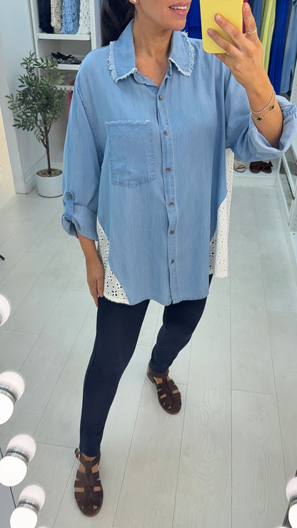 Nadiya Broidery Anglaise Detailed Longline Denim Shirt