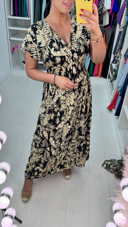Calypso Frilly Sleeve Leaf Print Dress