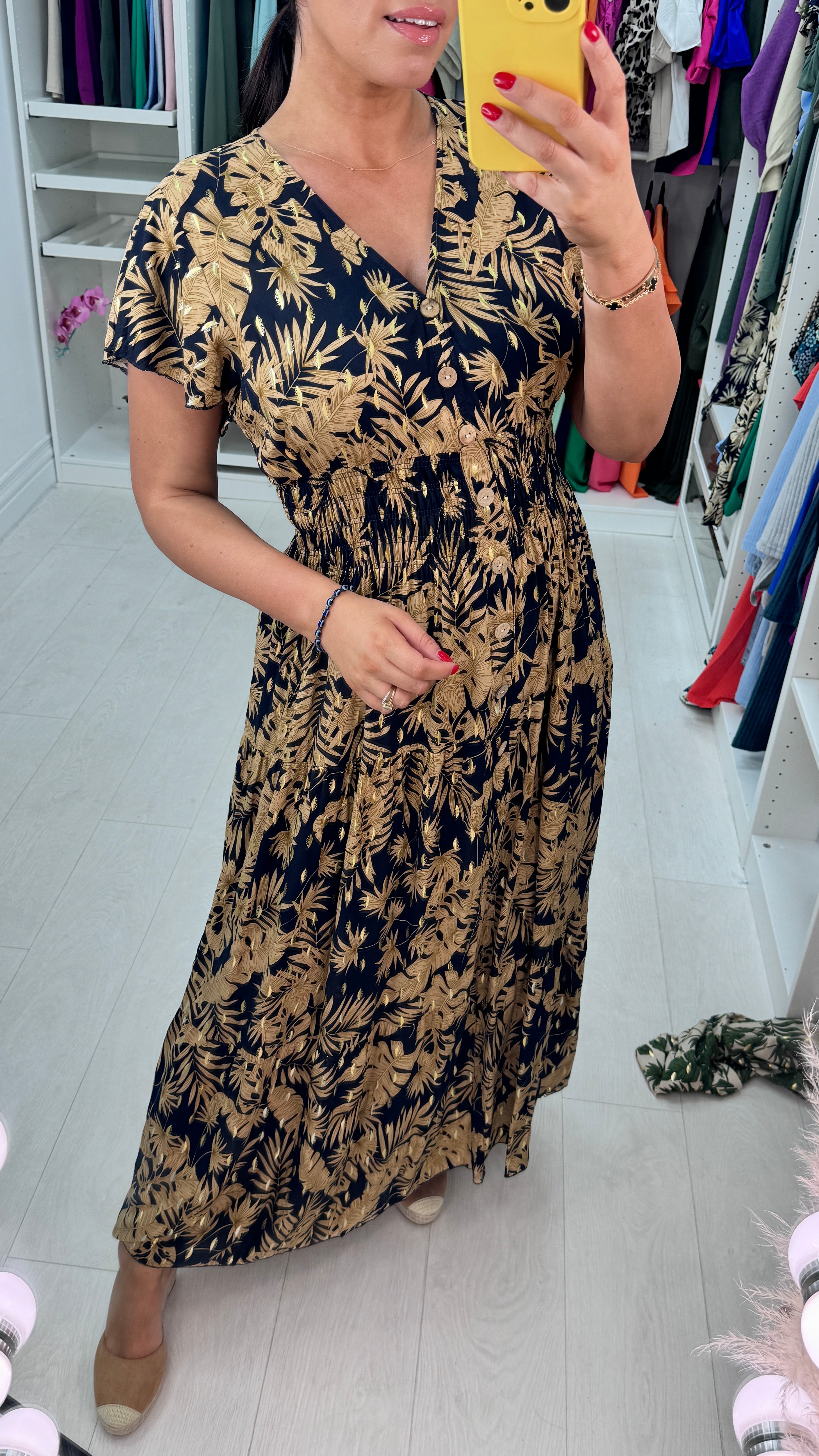 Calypso Frilly Sleeve Leaf Print Dress