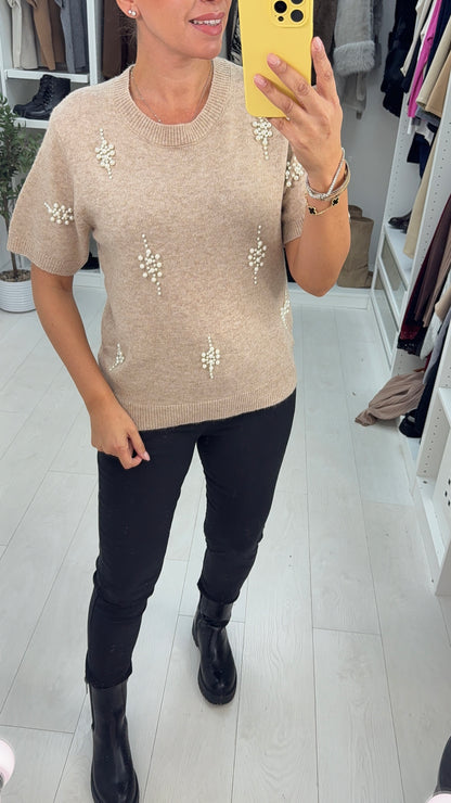 Natalina Pearl Embellished Short Sleeve Knit Jumper