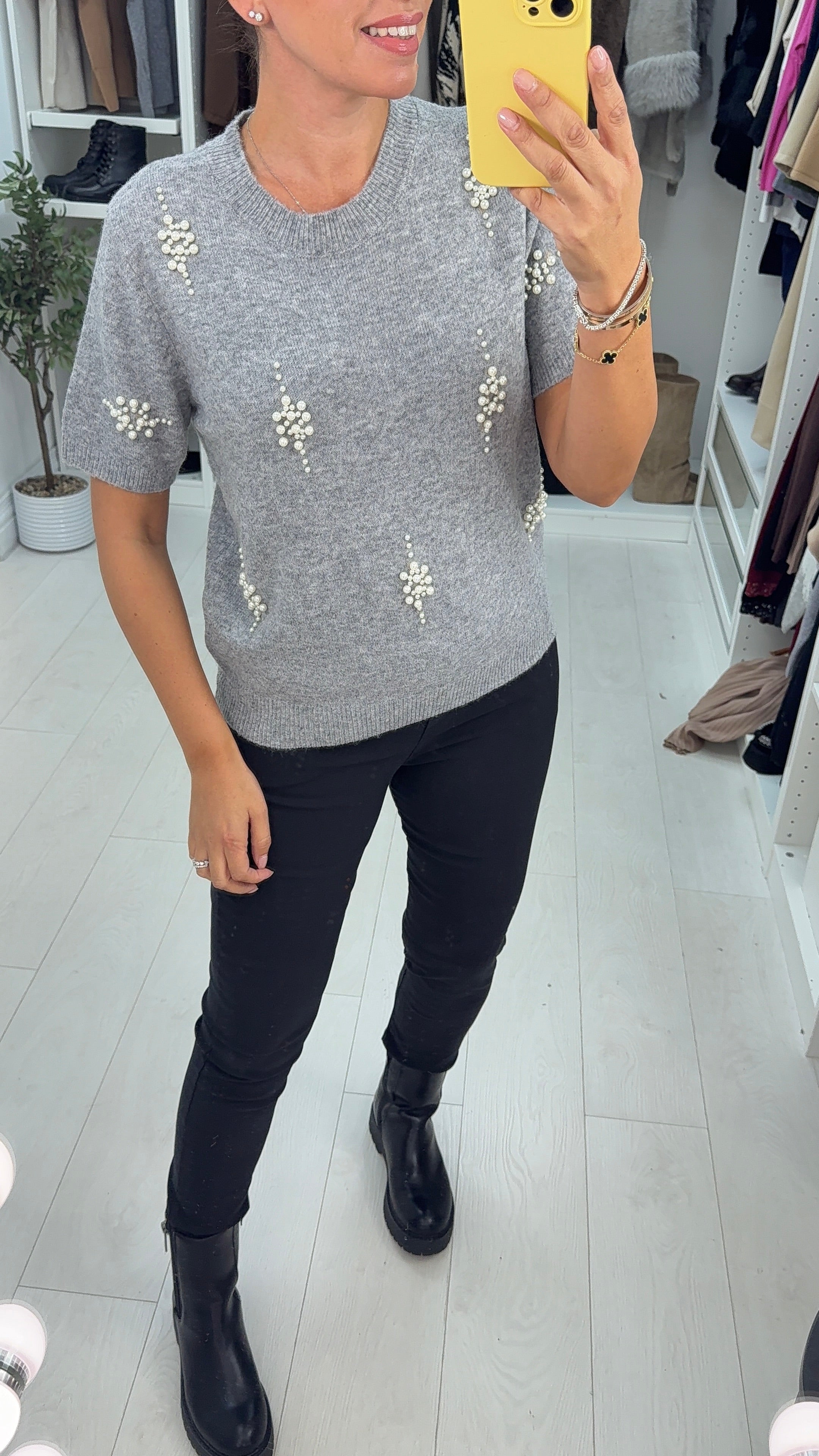 Natalina Pearl Embellished Short Sleeve Knit Jumper