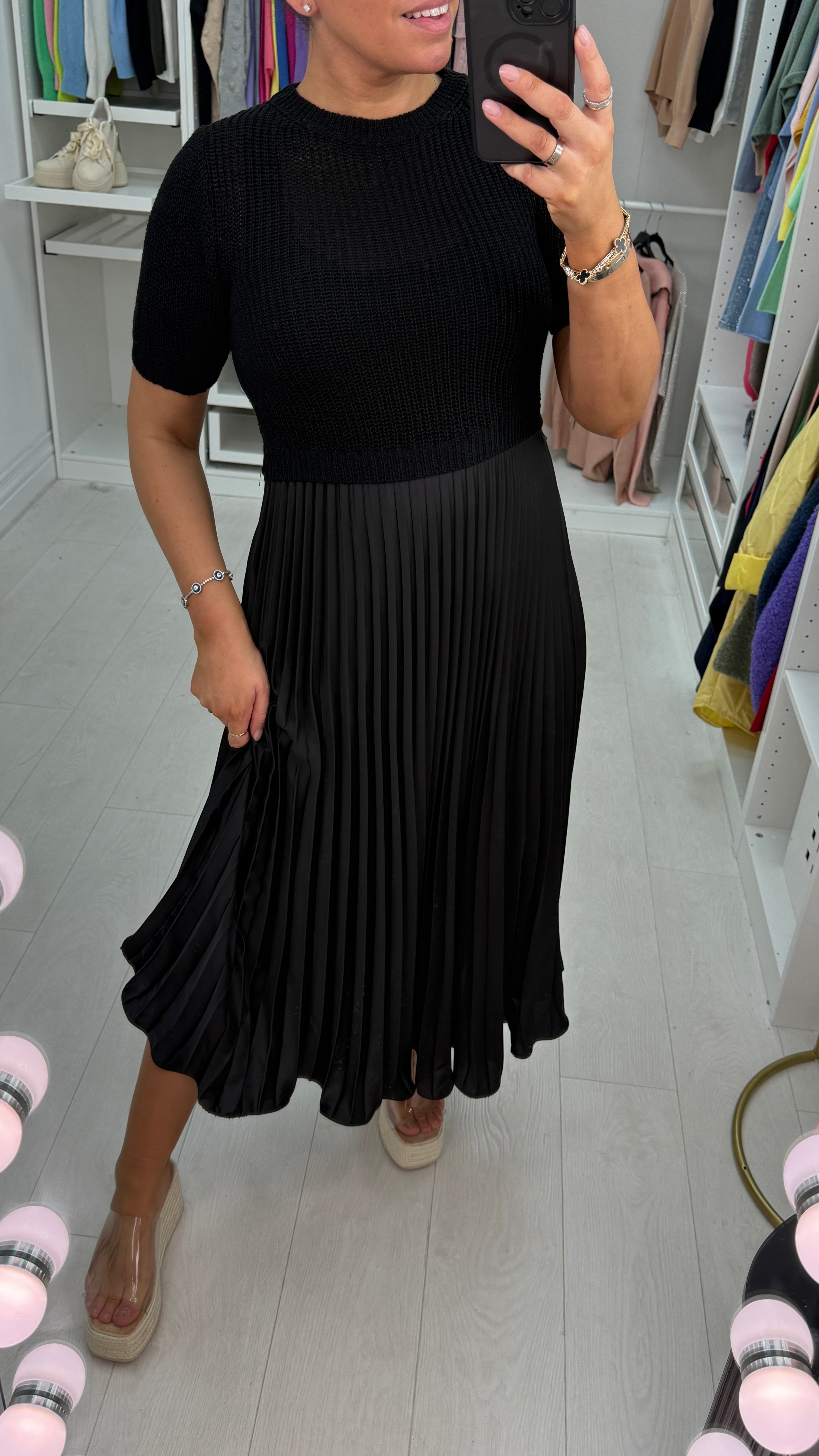 Alaina Plain 2-In-1 Knitted Top Silk Pleated Dress