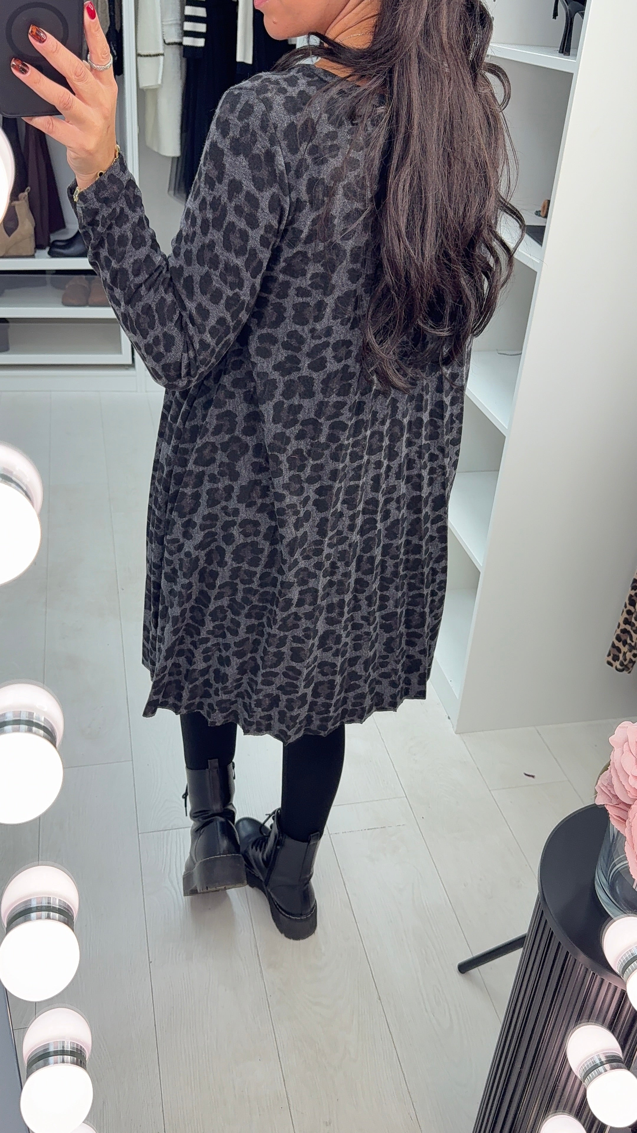 Lillia Leopard Print Pleated Loose Fit Necklace Dress