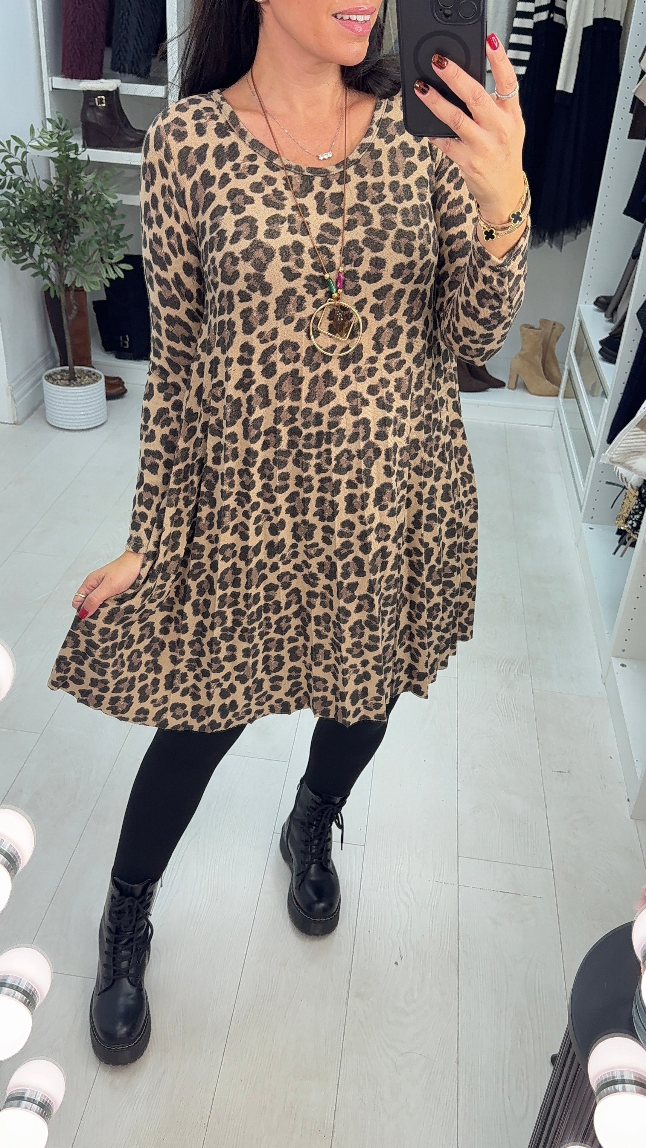 Lillia Leopard Print Pleated Loose Fit Necklace Dress