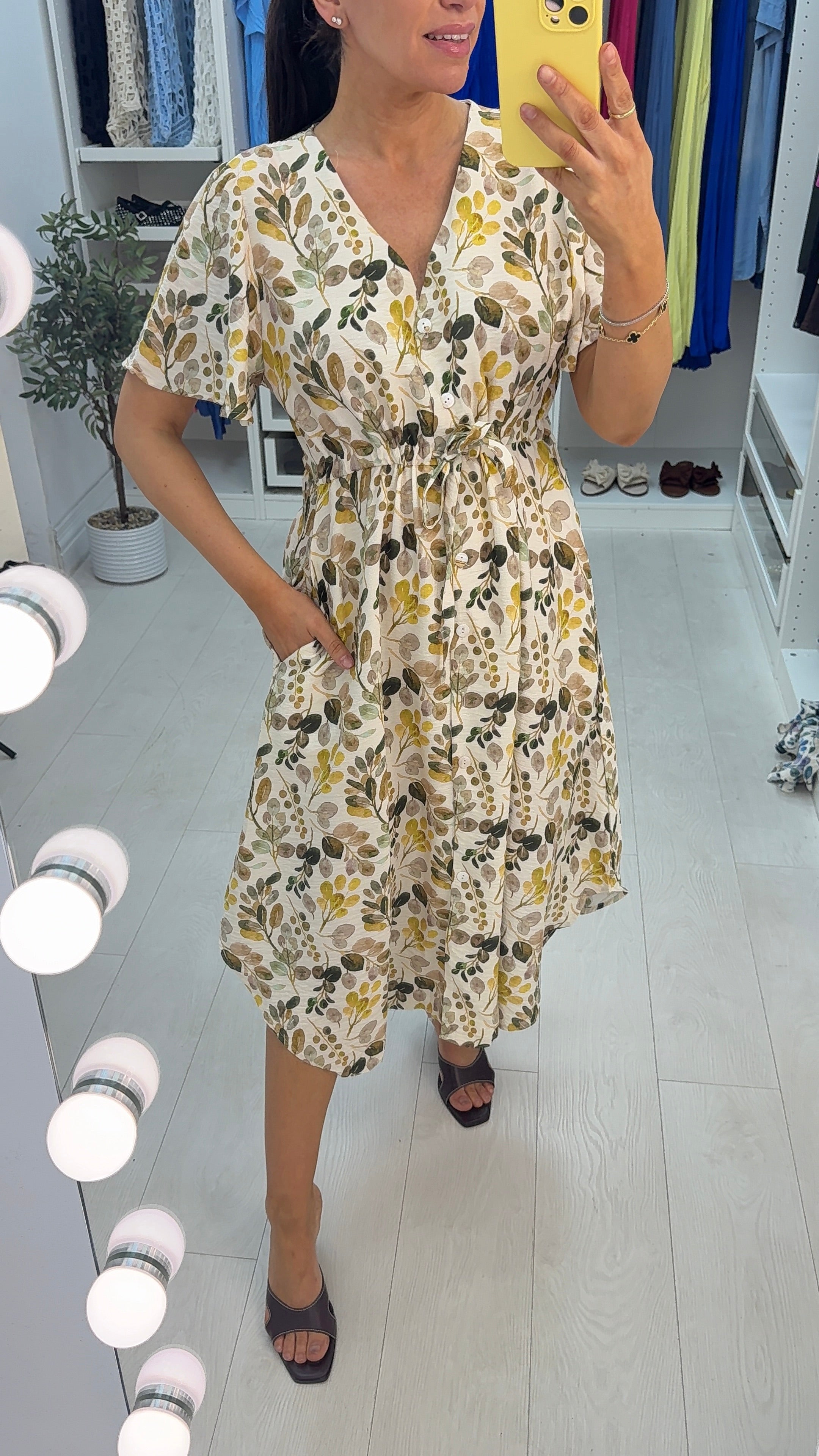 Andra Drawstring Waist Button Front Maxi Dress