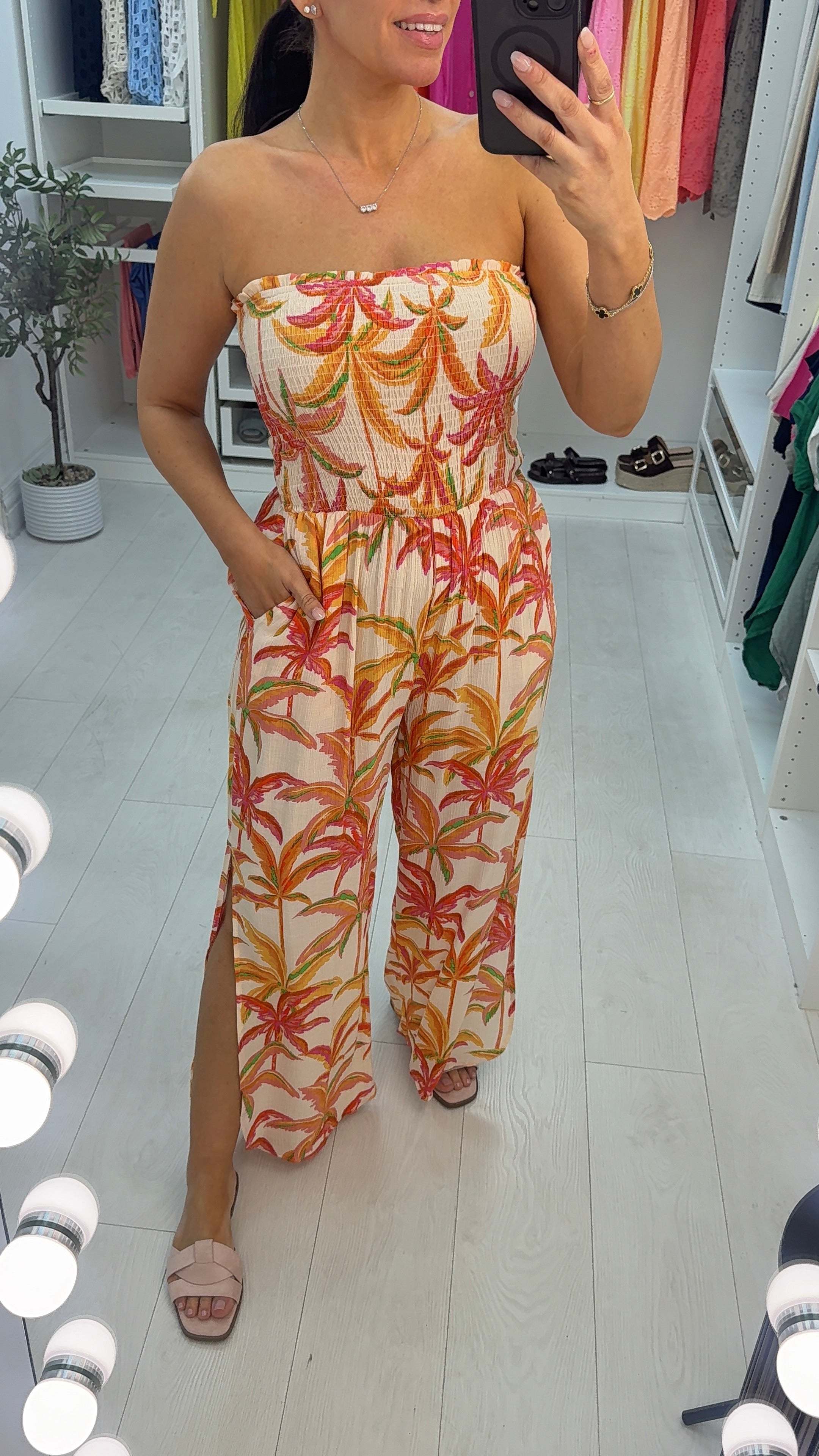 Olissia Palm Tree Print Shirred Bardot Jumpsuit