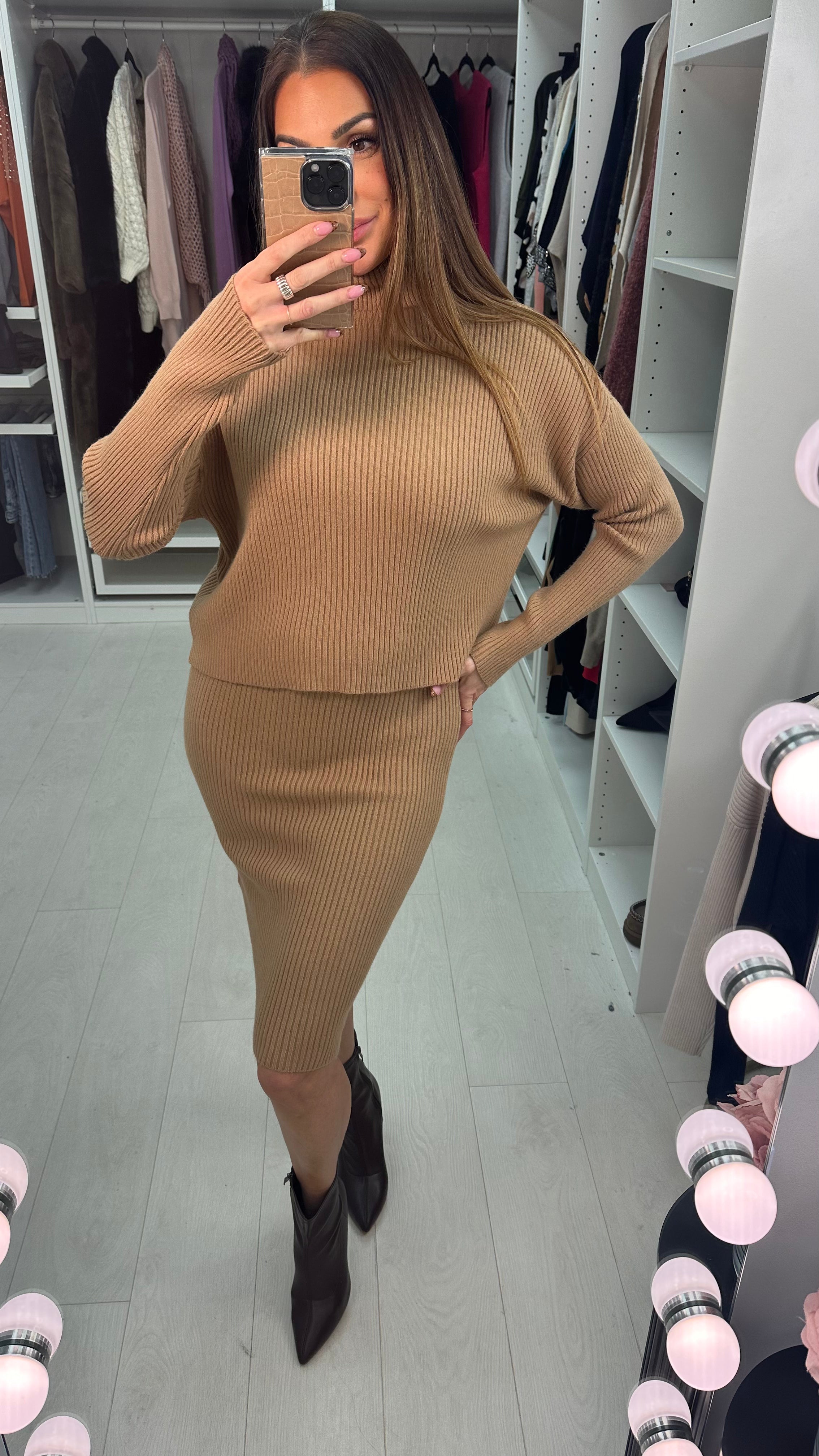 Serita Plain Ribbed Roll Neck Knitted Dress Co-Ord Set