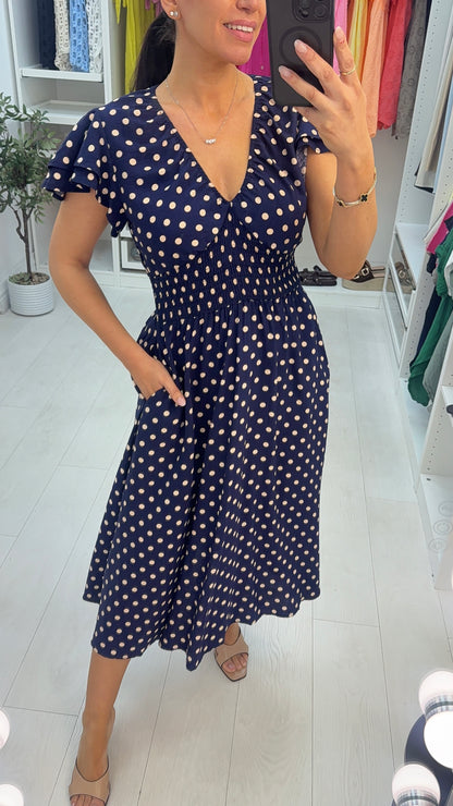 Cayla Polka Dot V Neck Shirred Waist Dress