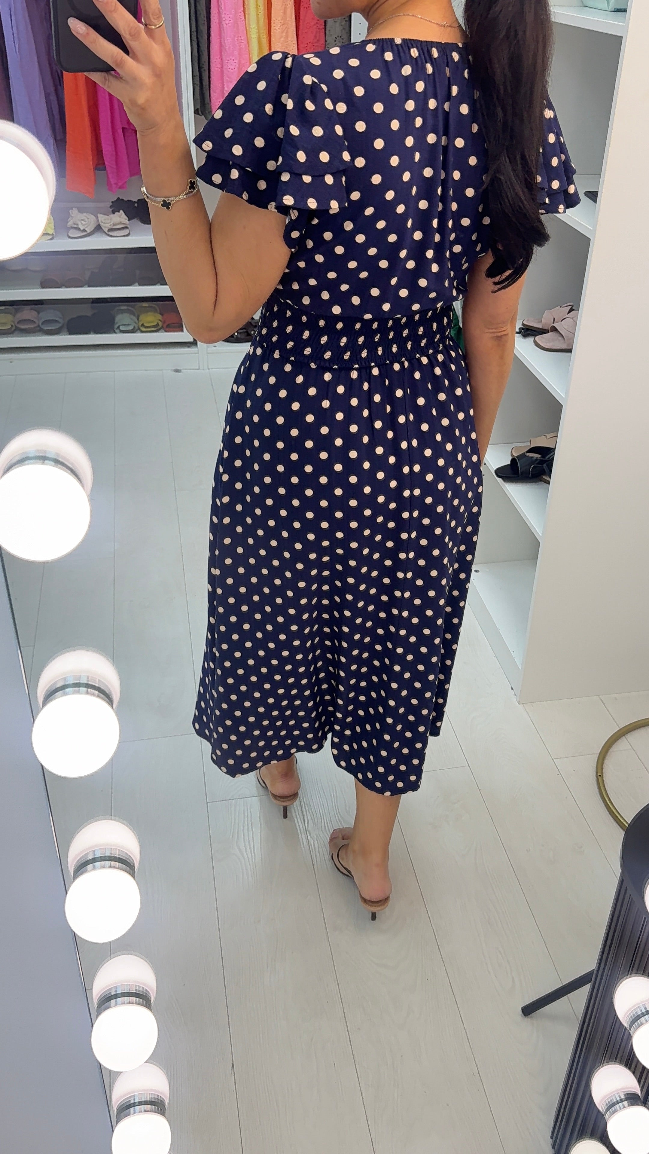 Cayla Polka Dot V Neck Shirred Waist Dress