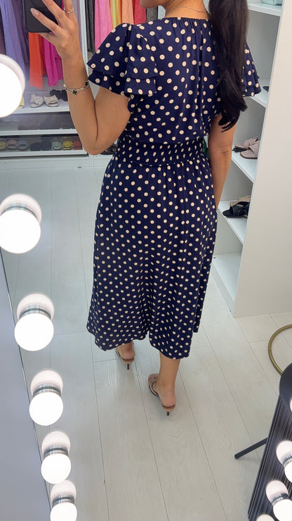 Cayla Polka Dot V Neck Shirred Waist Dress