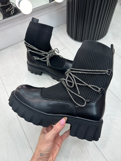 Navesa Faux Leather Ribbed Sock Detailed Diamante Lace Boots