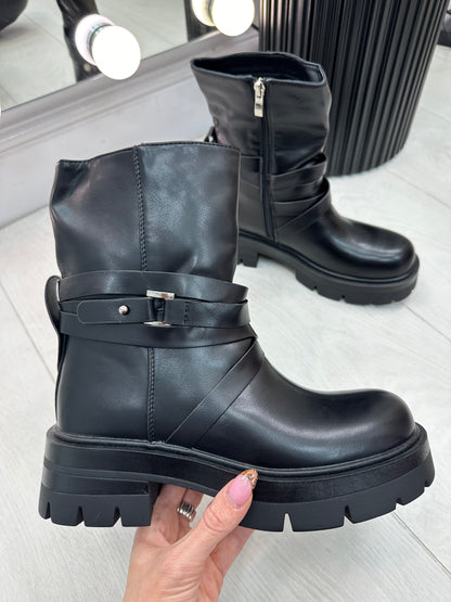 Christina Faux Leather Buckle Design Chunky Boot