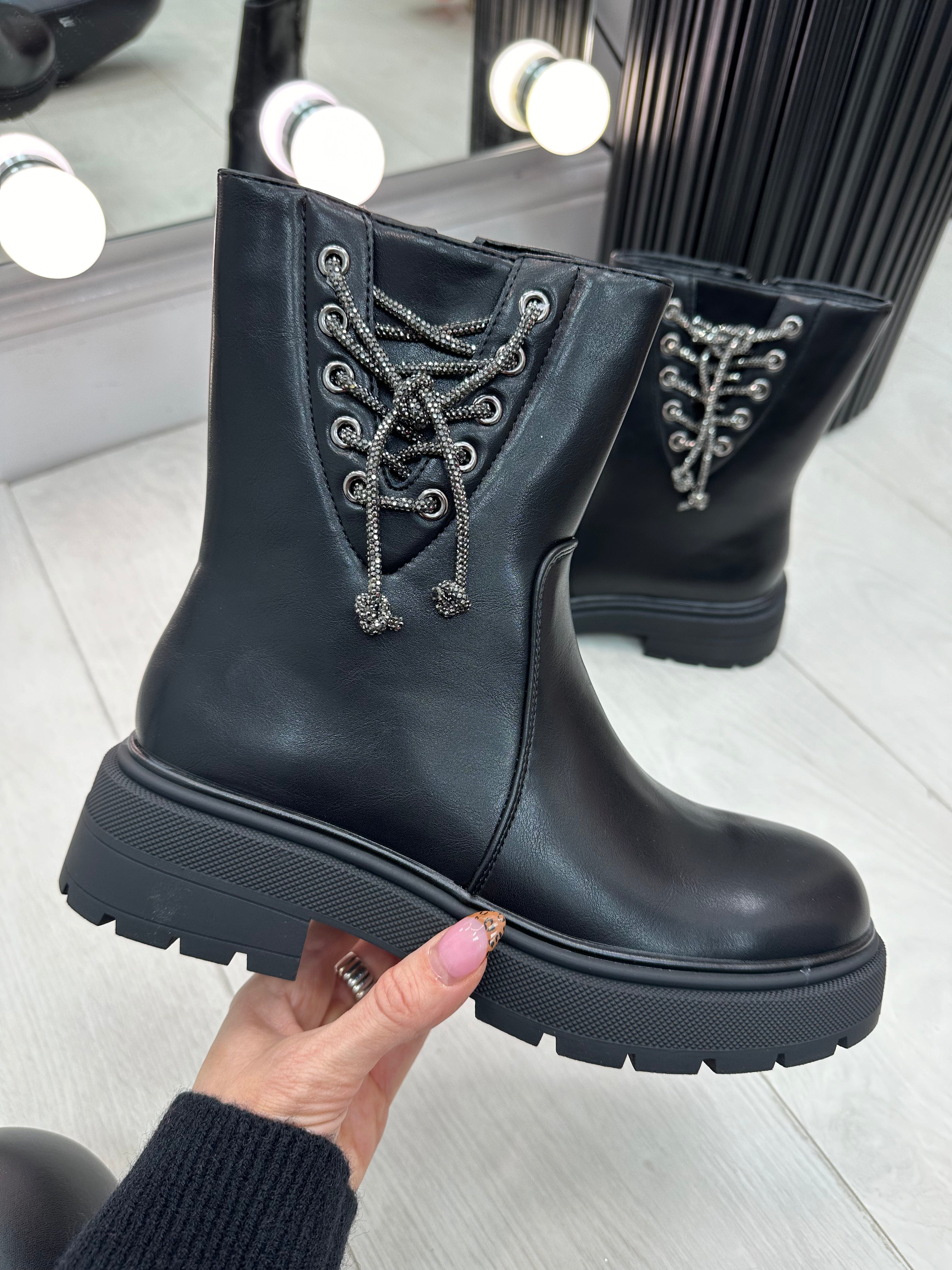 Gordon Black Faux Leather Diamante Lace Detail Boots