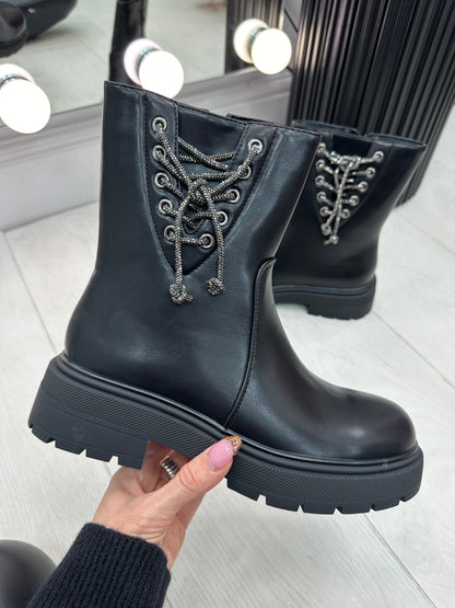 Gordon Black Faux Leather Diamante Lace Detail Boots