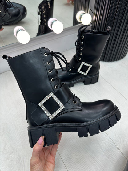 Ivone Black Faux Leather Buckle Detail Boots