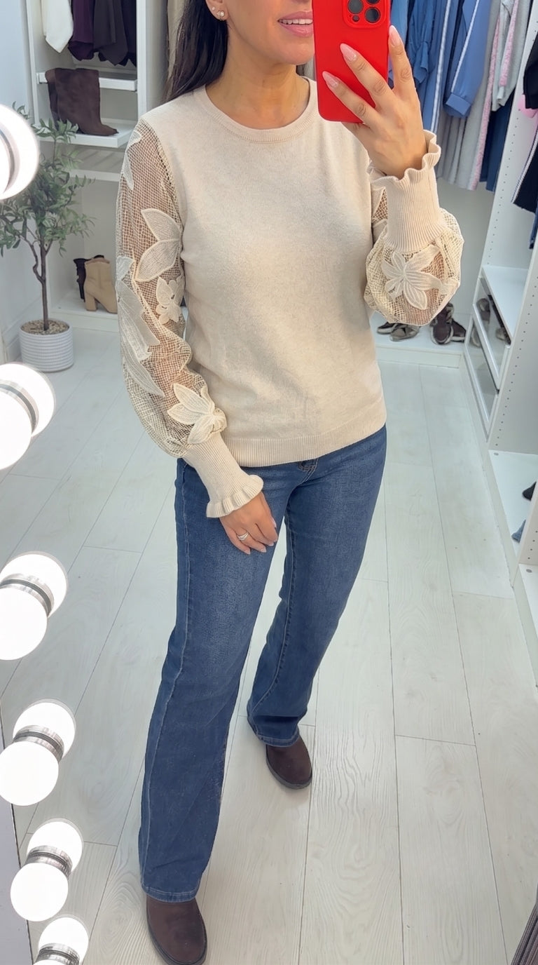 Ginette Plain Floral Mesh Sleeve Detailed Jumper