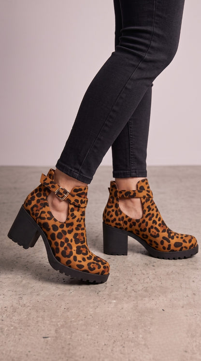 Binnie Leopard Faux Suede Chunky Heel Ankle Boots