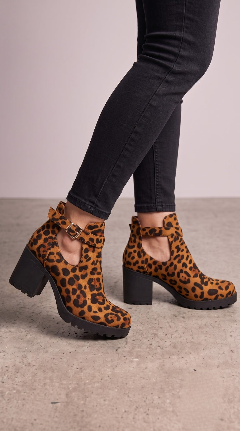 Binnie Leopard Faux Suede Chunky Heel Ankle Boots