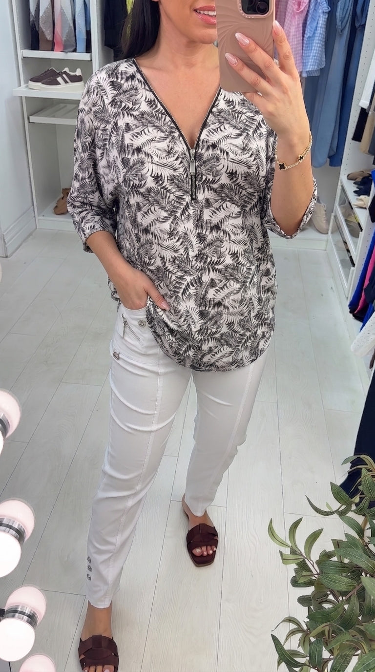 Zaylea Leaf Print Loose Fit Zip Front Top