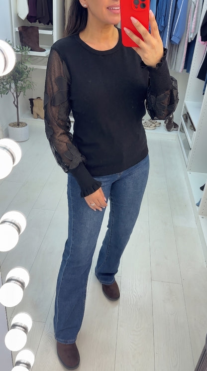 Ginette Plain Floral Mesh Sleeve Detailed Jumper