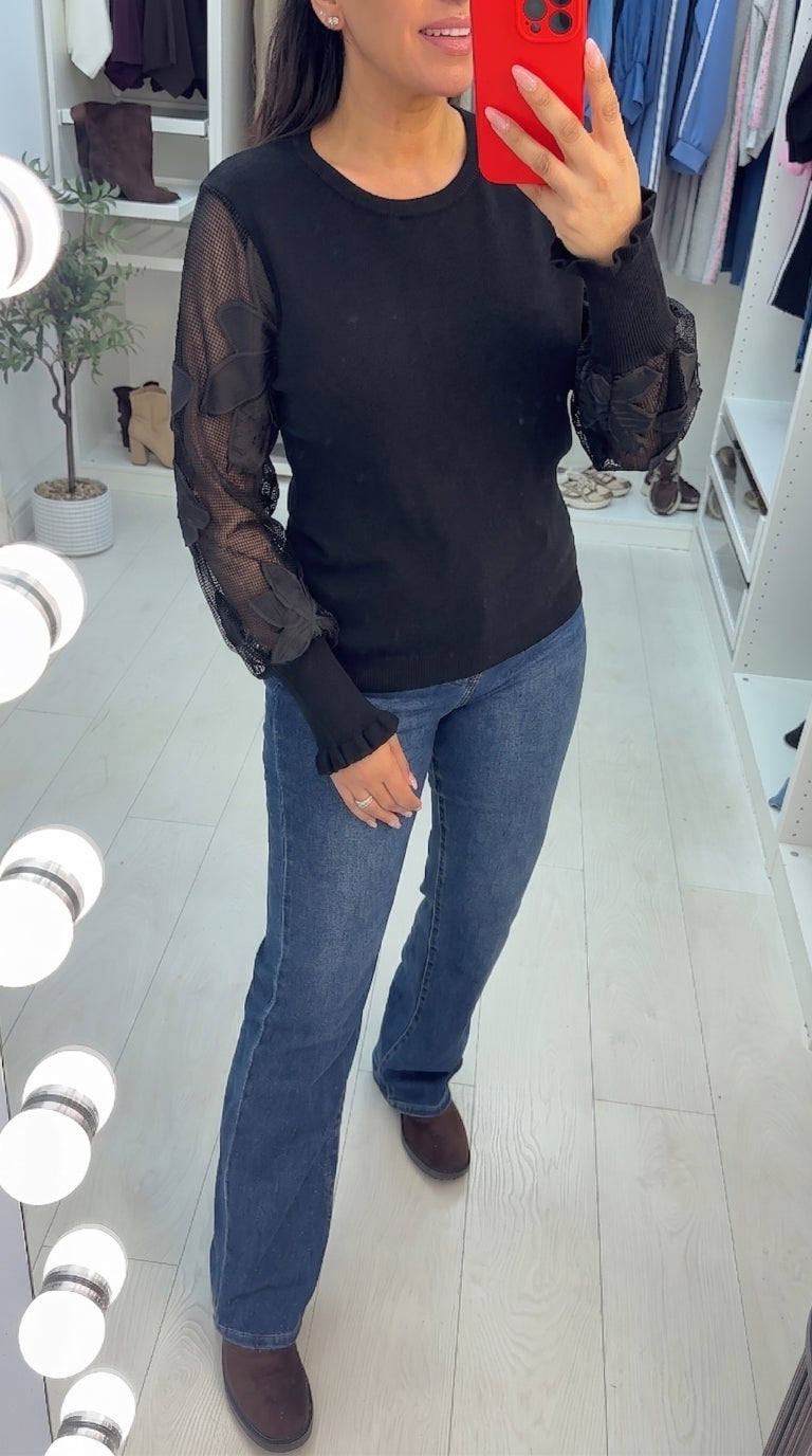 Ginette Plain Floral Mesh Sleeve Detailed Jumper