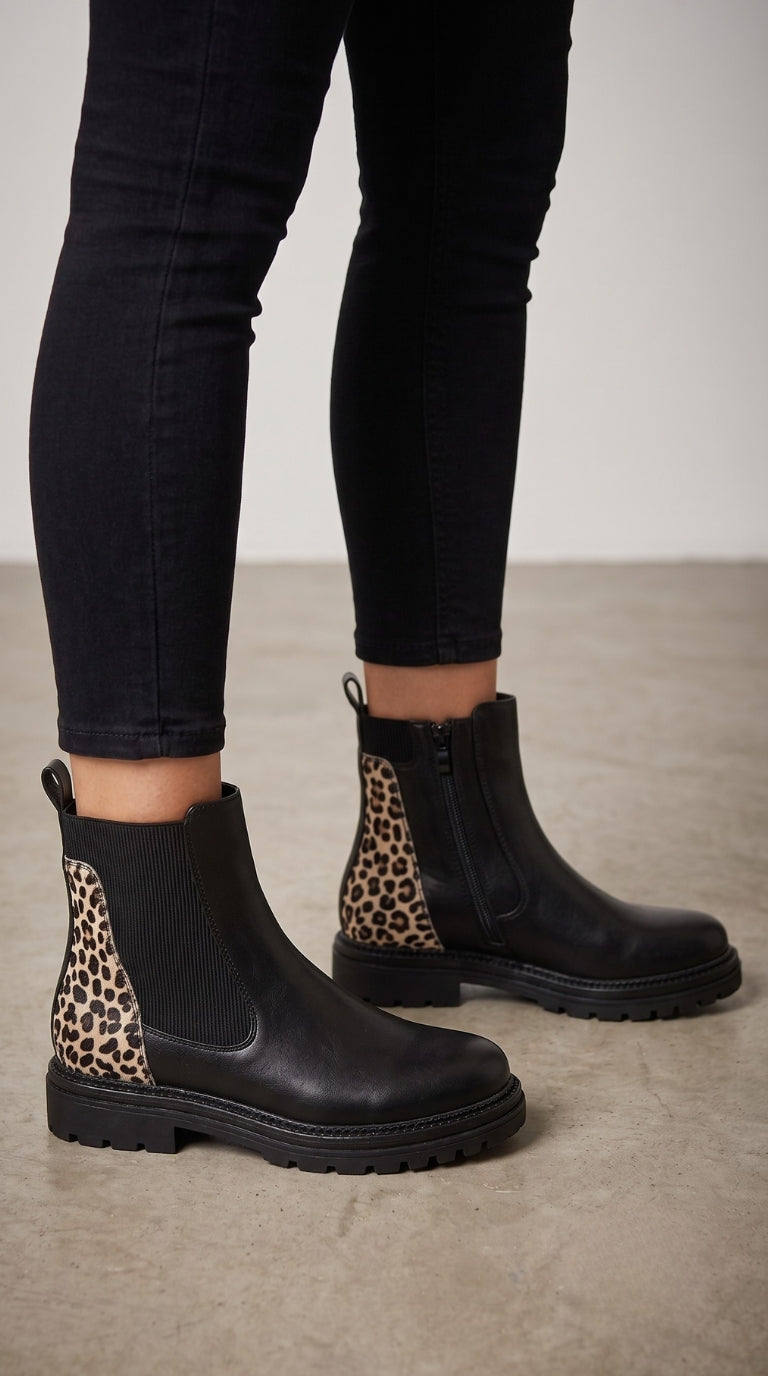 Fifi Leopard Print Detailed Faux Leather Chelsea Boots