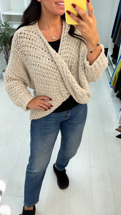 Kristiana Plain Wrap Front Chunky Knit Jumper