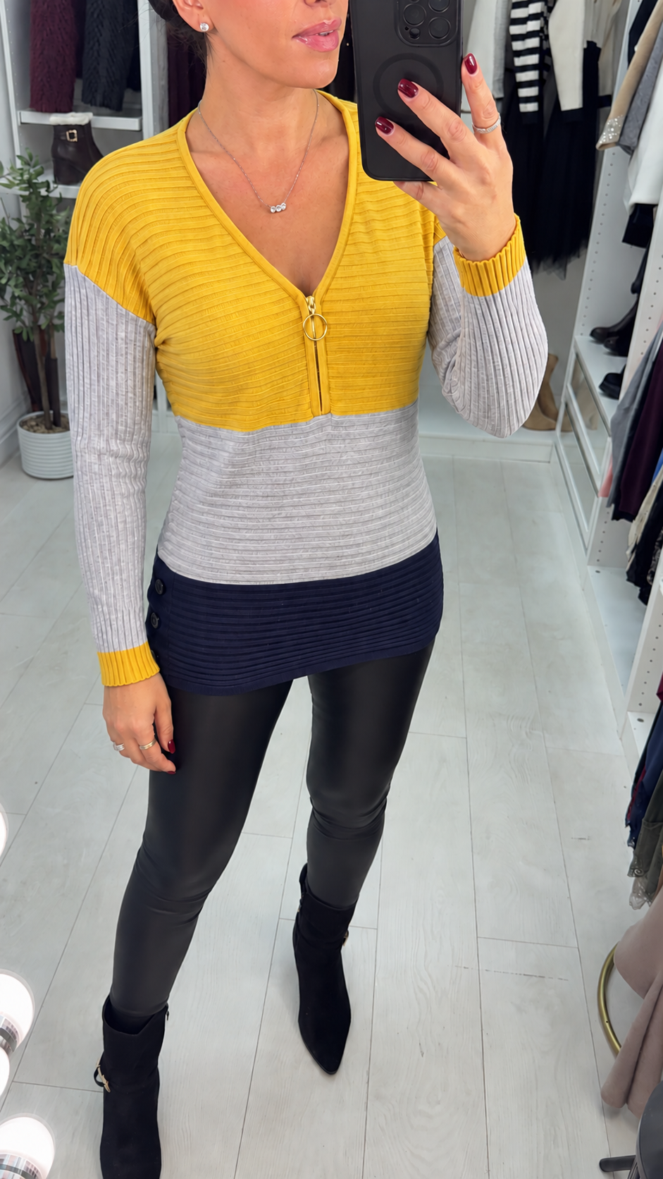 Sadie Mustard Ribbed Colour Block Zip Detail Knit