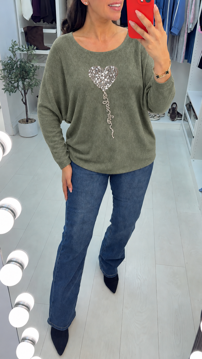 Betsy Sequin Heart Detail Loose Fit Thin Knit Jumper